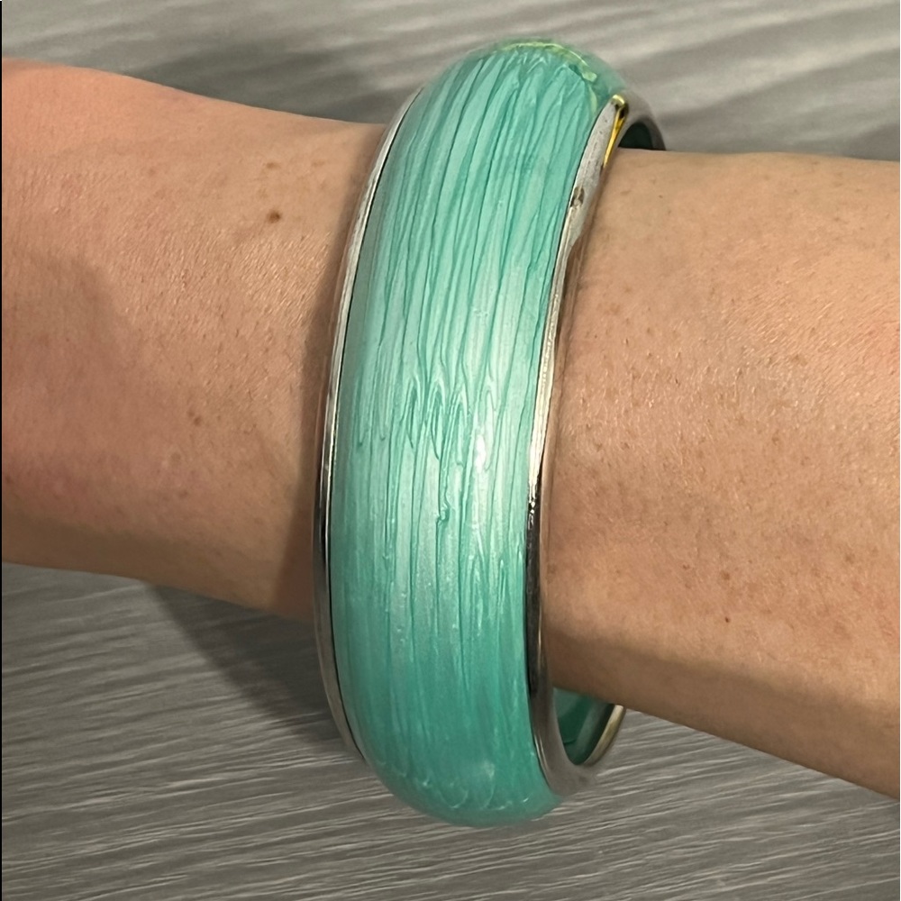 Vintage Silver Bangle Bracelet with Seafoam Green Metal Exterior, Boho